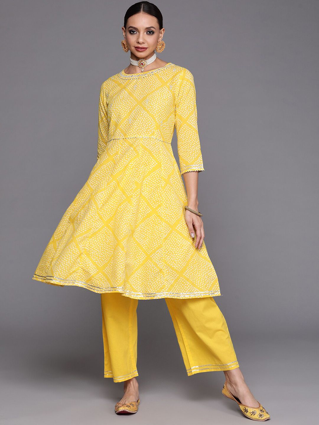 Indyancart IE Bandhani Printed Gotta Patti A-line Kurta with Palazzo Set