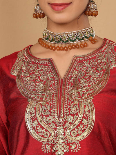 Indyancart VA Women's Ethnic Motifs Embroidered Regular Sequinned Kurta with Trousers & Dupatta