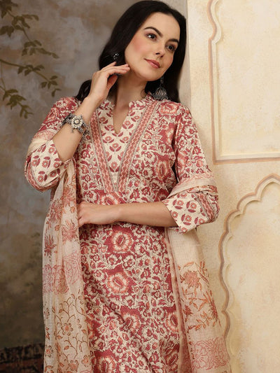 Indyancart SN Women's Floral Printed Mandarin Collar Pure Cotton Kurta With Trousers & Dupatta