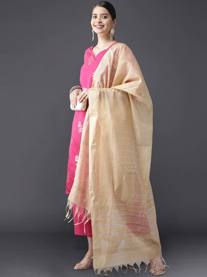 Dhiyona IE Women Pink & Gold-Toned Chanderi Cotton Kurta with Trousers & With Dupatta