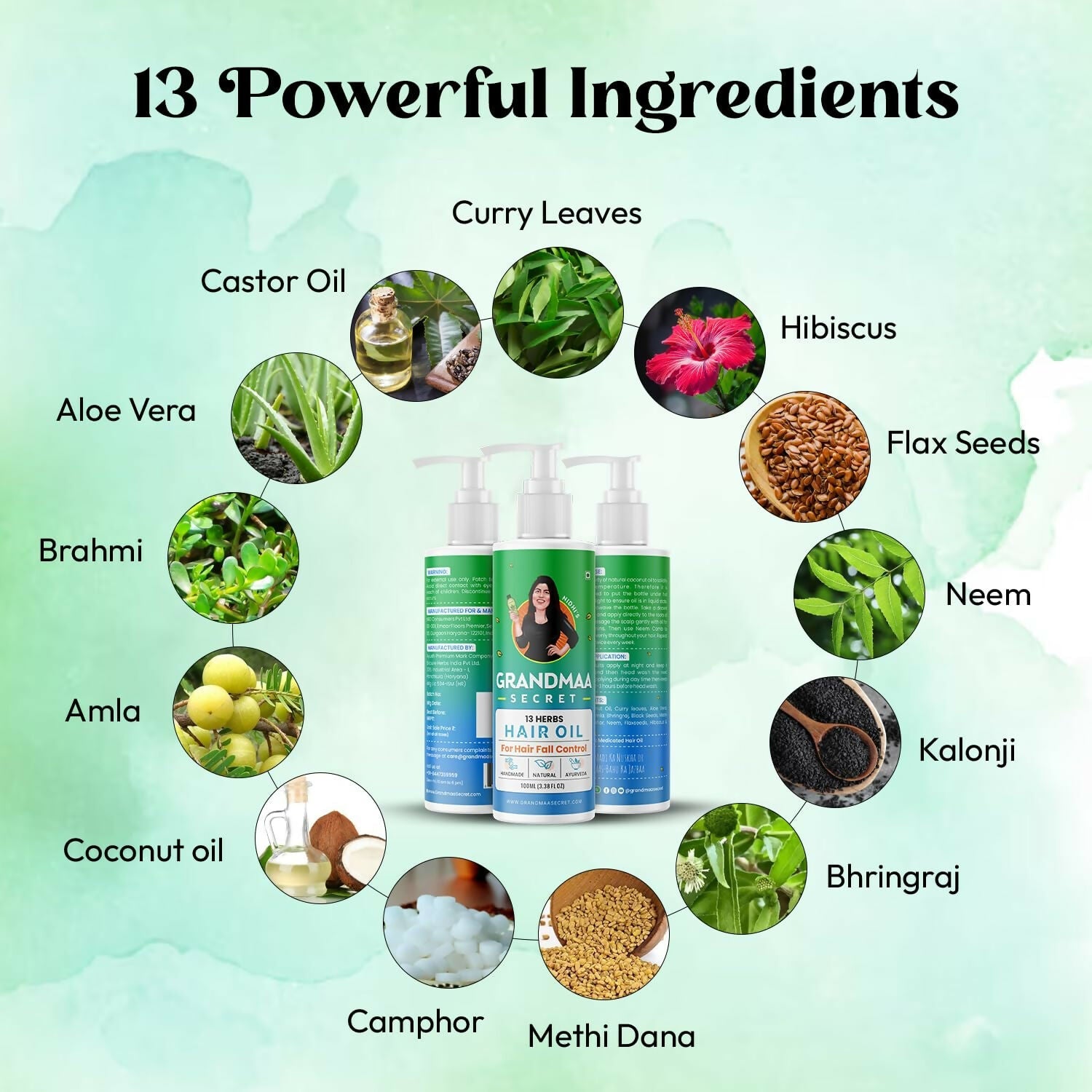Nidhi's Grandmaa Secret herbal hair oil with coconut oil and curry leaves, designed for dry, damaged hair and hair fall control.