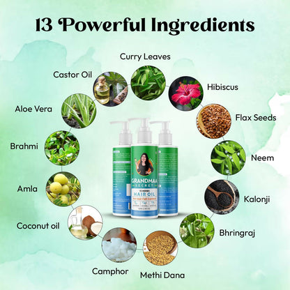 Nidhi's Grandmaa Secret herbal hair oil with coconut oil and curry leaves, designed for dry, damaged hair and hair fall control.