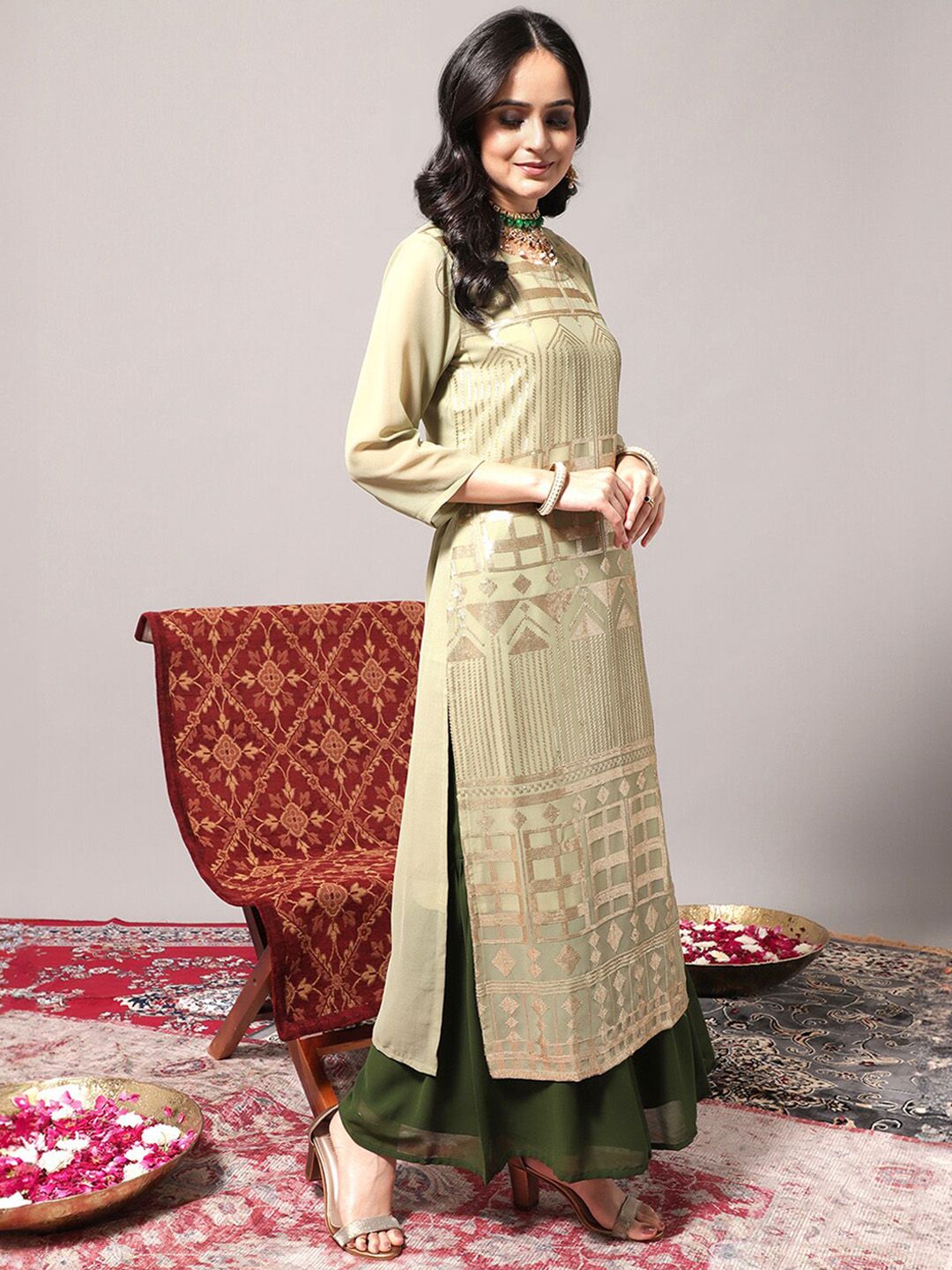 Indyancart VA Women's Geometric Embroidered Regular Sequinned Kurta With Trousers & Dupatta