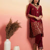 Dhiyona IE Women Maroon Floral Embroidered Regular Kurta with Trousers & Art Silk