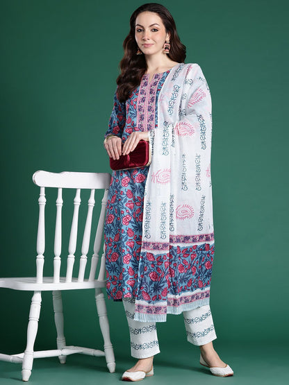 Floral Printed Pure Cotton Kurta with Trousers & With Dupatta