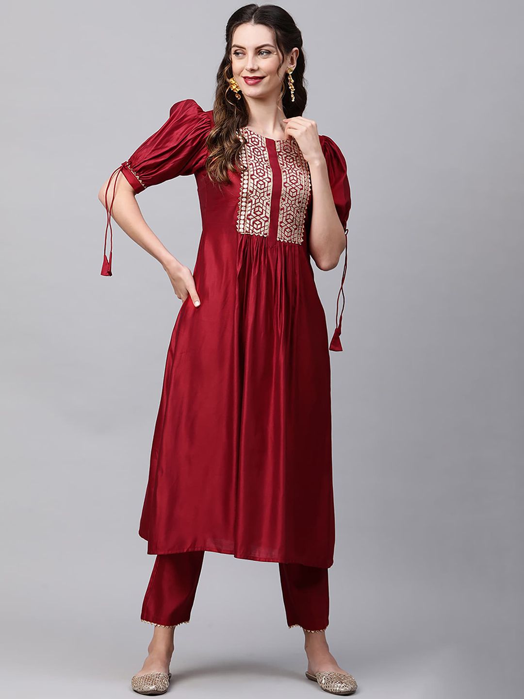 Dhiyona IE Women Red Yoke Design Liva Kurta with Trousers