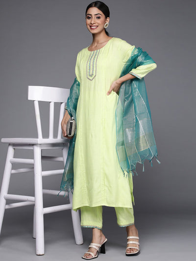 Indyancart VA Women's Green Pleated Kurta with Trousers & Dupatta