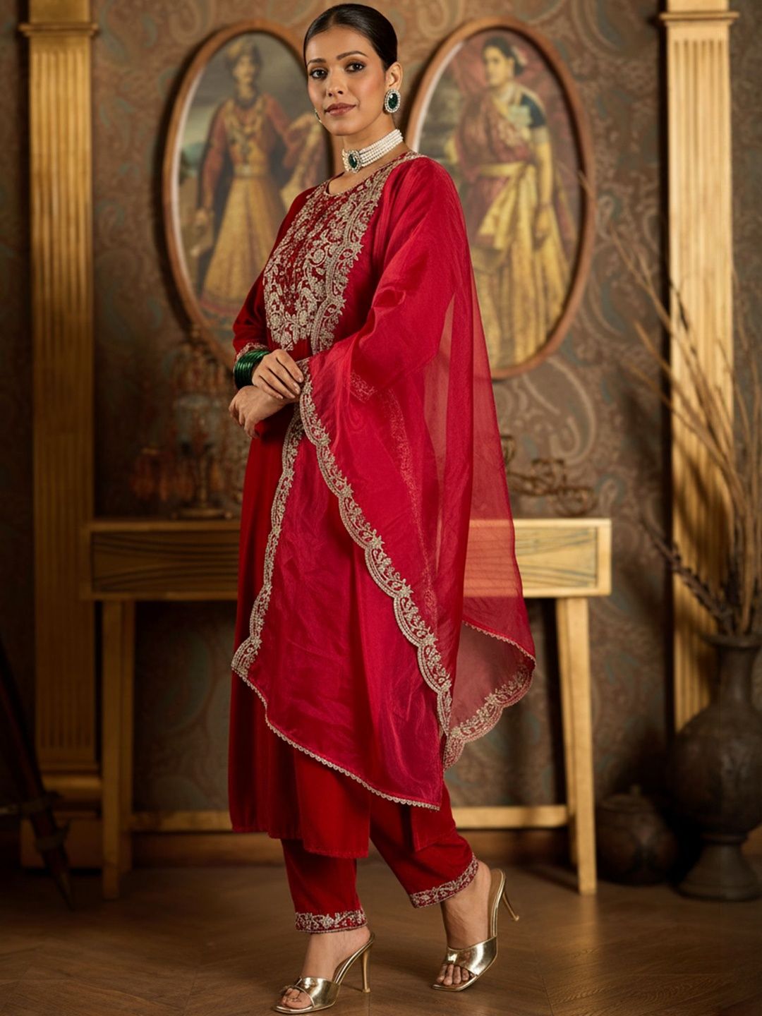 Embroidered Round Neck Thread Work Velvet Kurta With Trousers & Dupatta