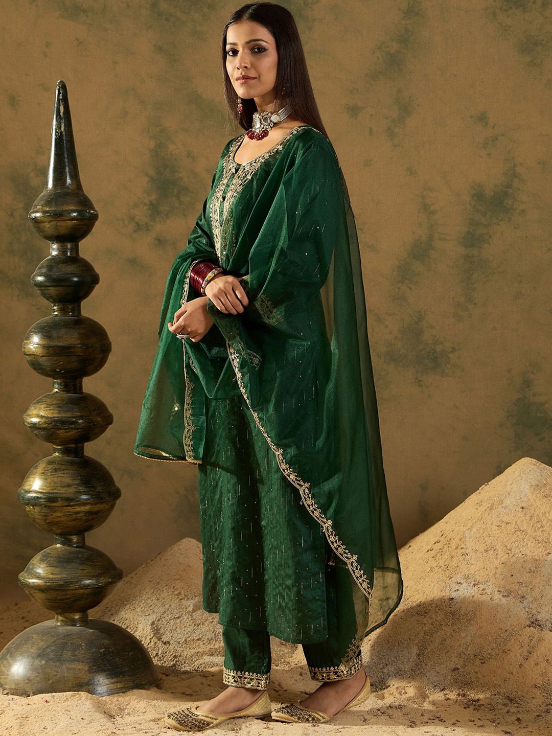 Dhiyona IE Women Ethnic Motifs Embroidered Regular Sequinned Liva Kurta with Trousers & With Dupatta