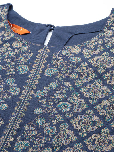 Dhiyona IE Women Navy Blue Ethnic Motifs Foil Print Sequinned Kurta with Palazzos & Dupatta