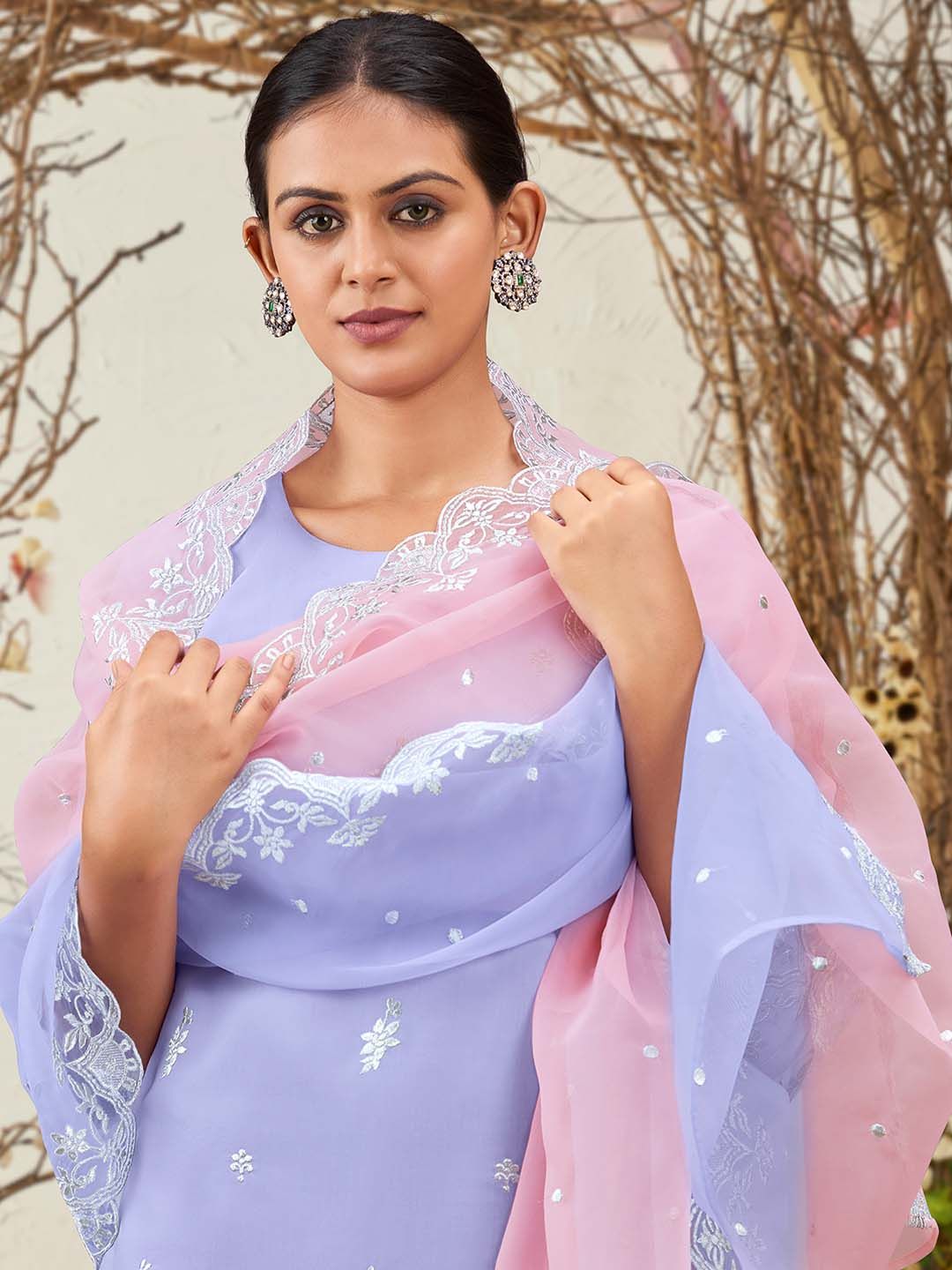 Indyancart IE Lavender Floral Embroidered Round Neck Thread Work Kurta with Trousers & Dupatta