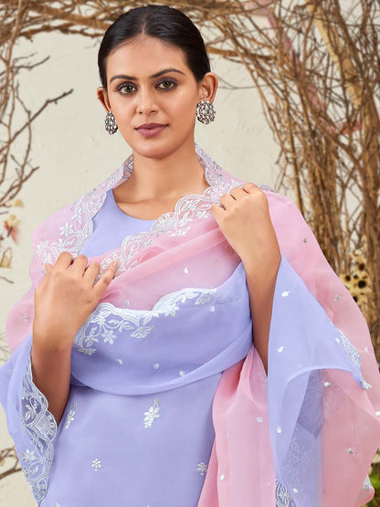Indyancart IE Lavender Floral Embroidered Round Neck Thread Work Kurta with Trousers & Dupatta