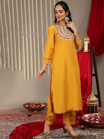 Indyancart VA Women'sEthnic Motifs Yoke Design Thread Work Straight Kurta & Trouser With Dupatta