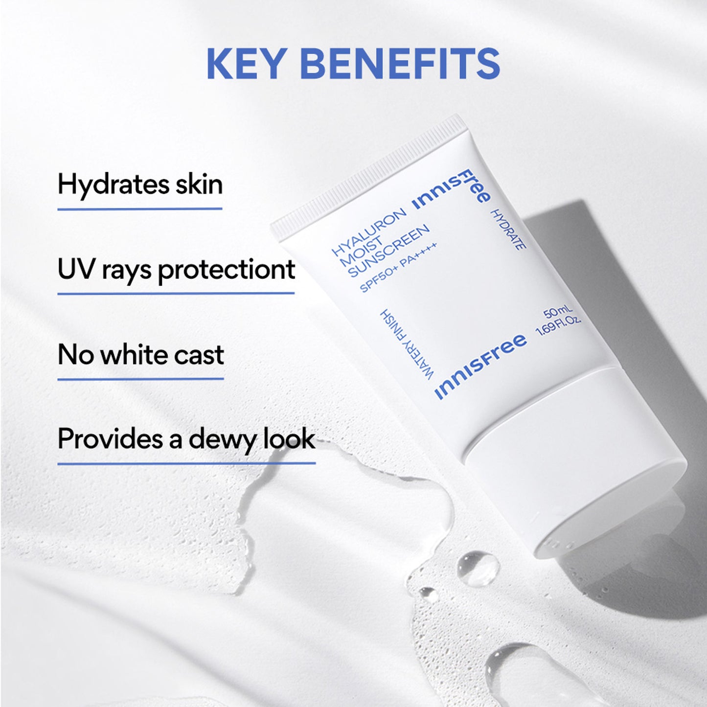 Innisfree Hyaluron Moist Sunscreen SPF 50+ PA++++, No White Cast, Watery Finish