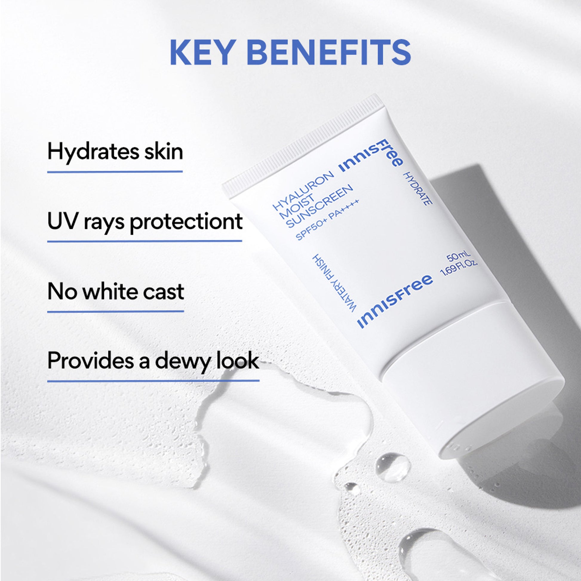 Innisfree Hyaluron Moist Sunscreen SPF 50+ PA++++, No White Cast, Watery Finish