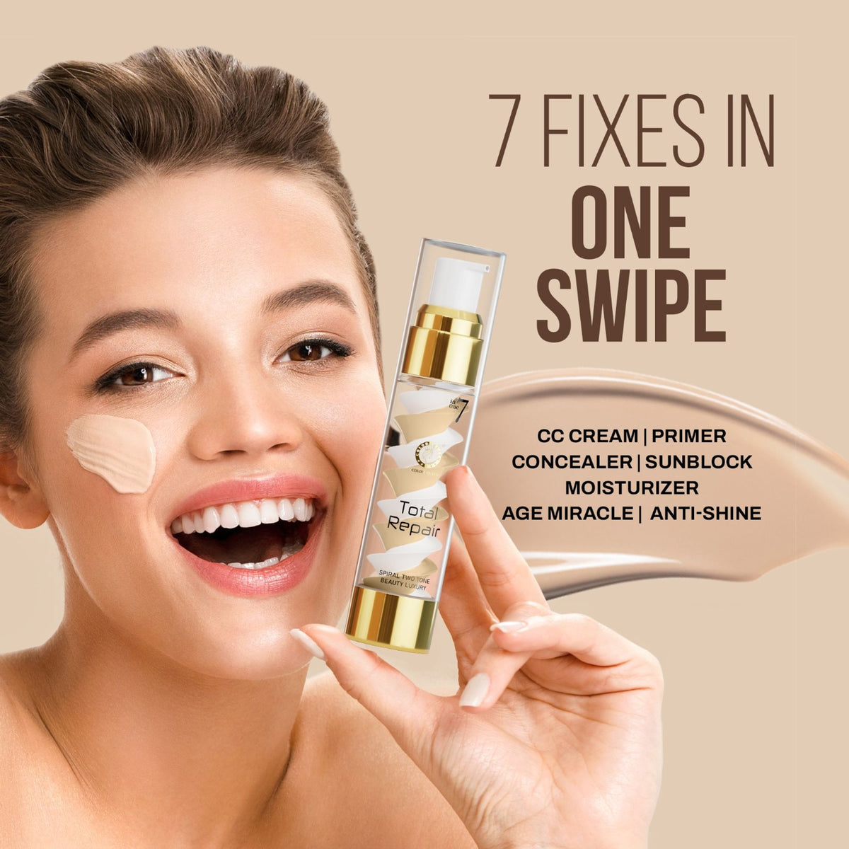 Colors Queen 7-in-1 Total Repair Foundation in Ivory, showcasing the compact bottle with the product label and applicator.