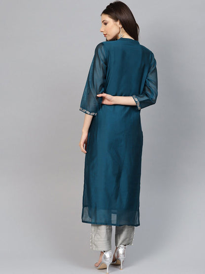 Indyancart VA Women's Navy Blue Floral Embroidered Regular Kurta with Trousers