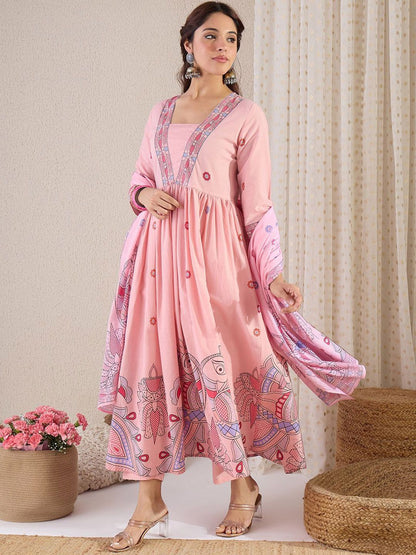 Women Floral Printed Pleated Pure Cotton Kurta with Trousers & With Dupatta