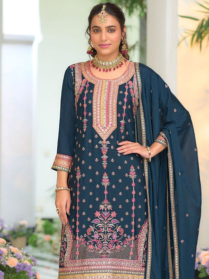 Indyancart IE Women Ethnic Motifs Embroidered Regular Mirror Work Kurta with Palazzos & With Dupatta