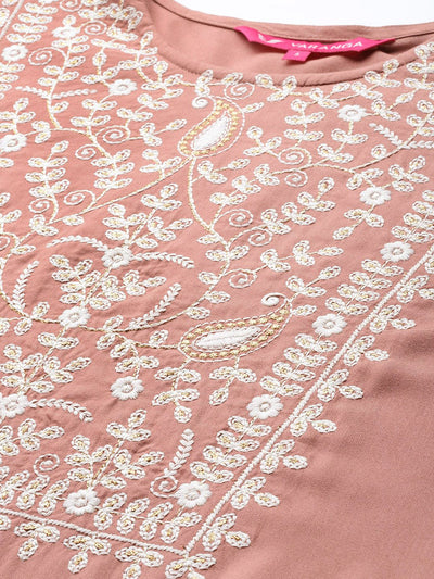 Indyancart VA Women's Beige Thread Embroidered Pure Cotton Kurta with Trouser and Dupatta