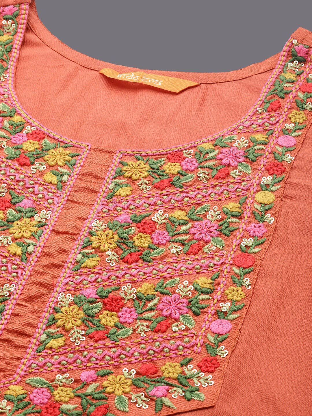 Indyancart IE Floral Embroidered Thread Work Liva Kurta With Palazzos & Dupatta
