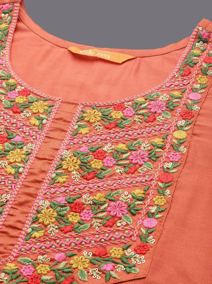 Indyancart IE Floral Embroidered Thread Work Liva Kurta With Palazzos & Dupatta