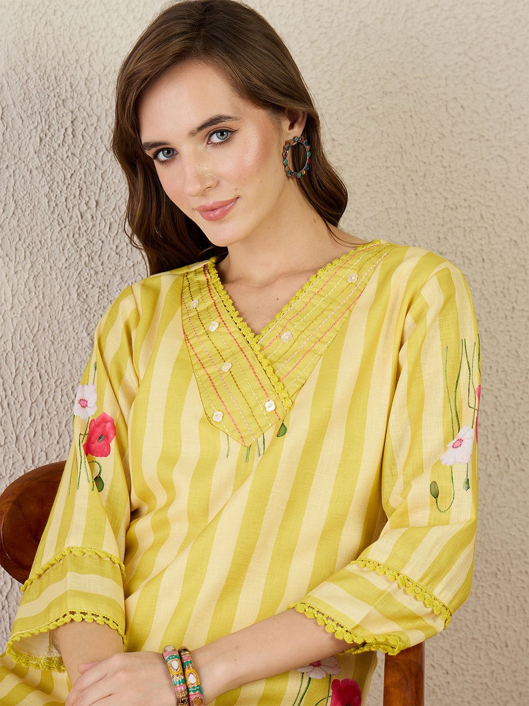 Striped V-Neck Linen Straight Kurta With Trouser