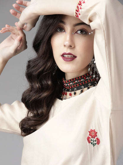 Indyancart IE Women Off White Ethnic Motifs Embroidered Liva Kurta with Palazzos & Dupatta