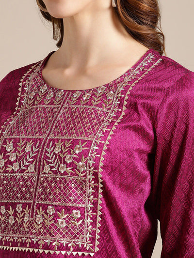 Indyancart VA Women's Magenta Ethnic Motifs Kurta with Trousers & With Dupatta