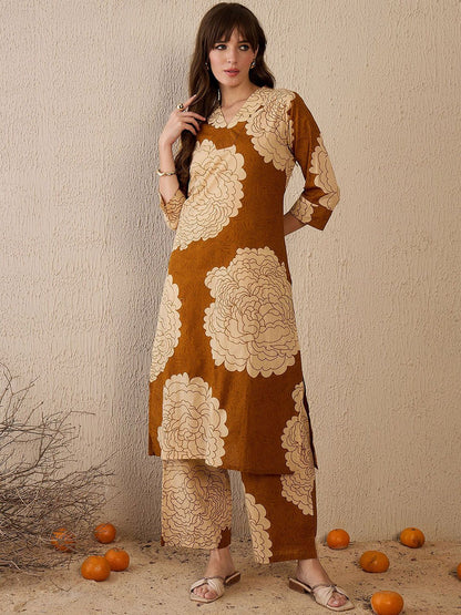 Dhiyona IE Floral Printed V-Neck Pure Cotton Tunic With Palazzo