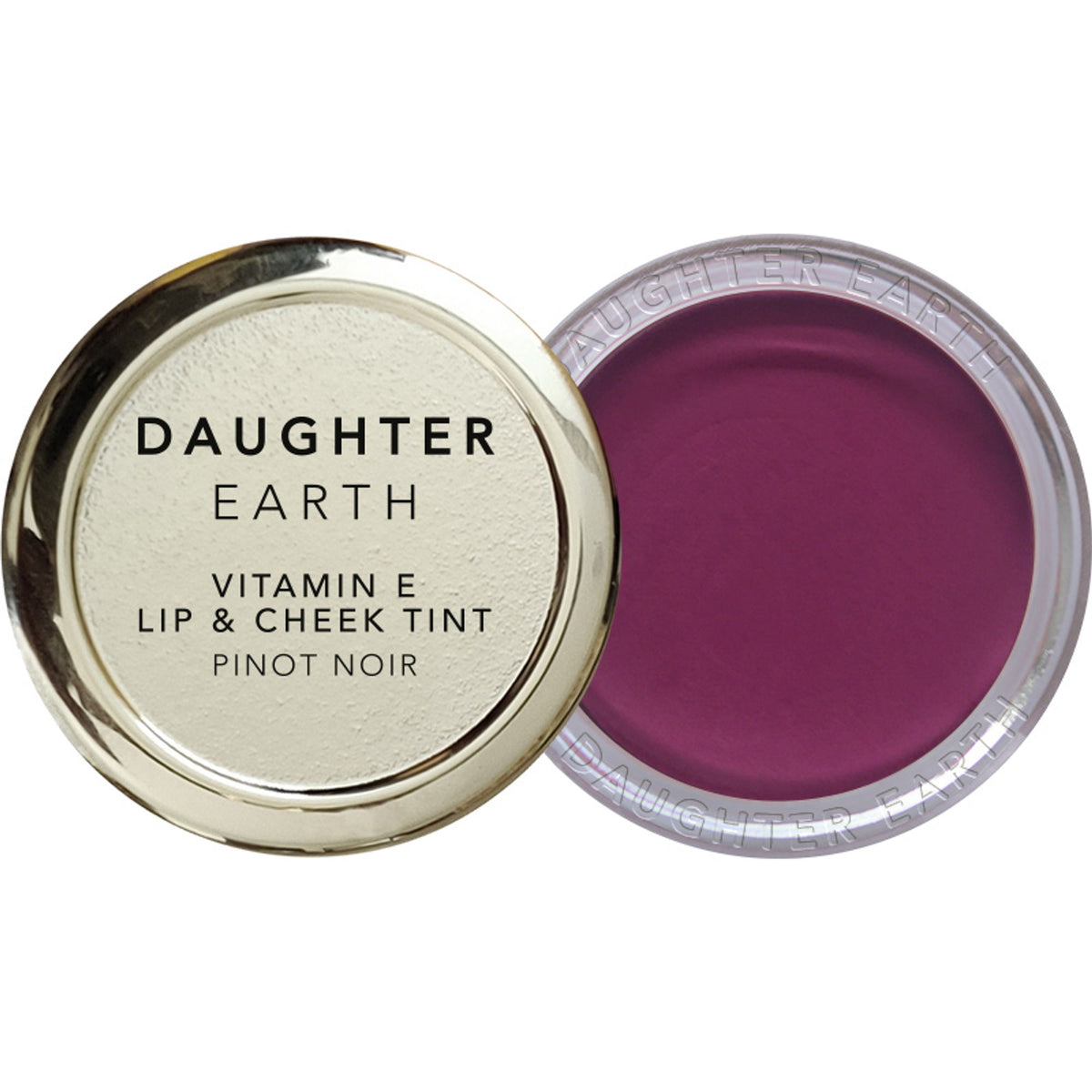 Daughter Earth vegan lip and cheek tint in Pinot Noir, featuring a compact container with tint product visible inside.