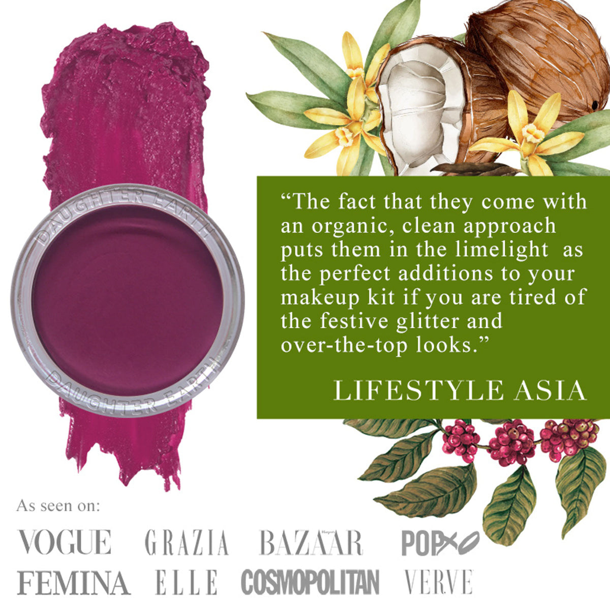 Daughter Earth vegan lip and cheek tint in Pinot Noir, featuring a compact container with deep red tint and natural makeup finish.