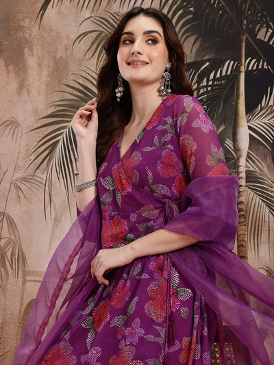 Indyancart SN Women's Floral Print Angrakha Kurta with Trousers & Dupatta