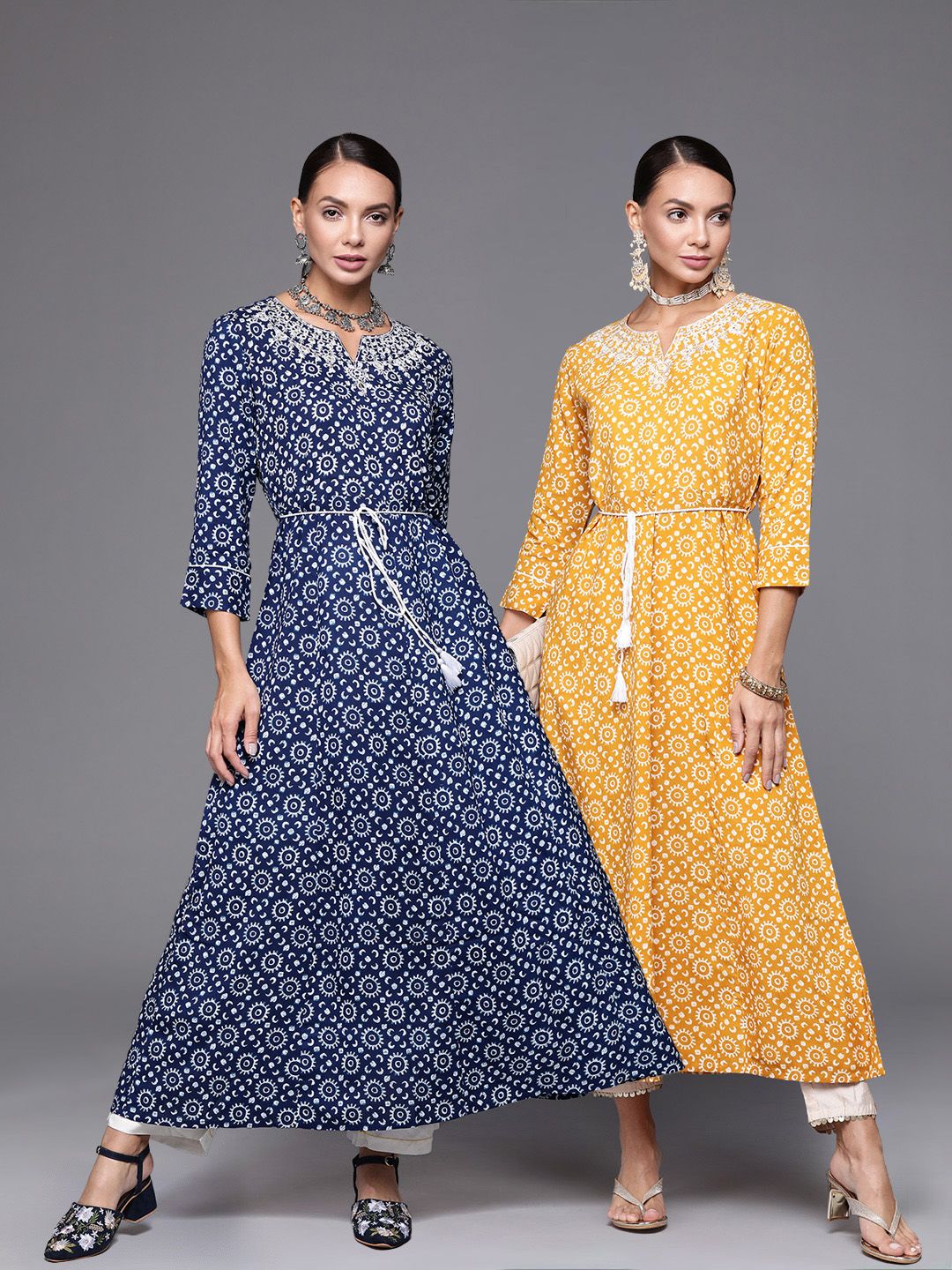 Indyancart IE Pack Of 2 Ethnic Motifs Printed Thread Work A-Line Kurta