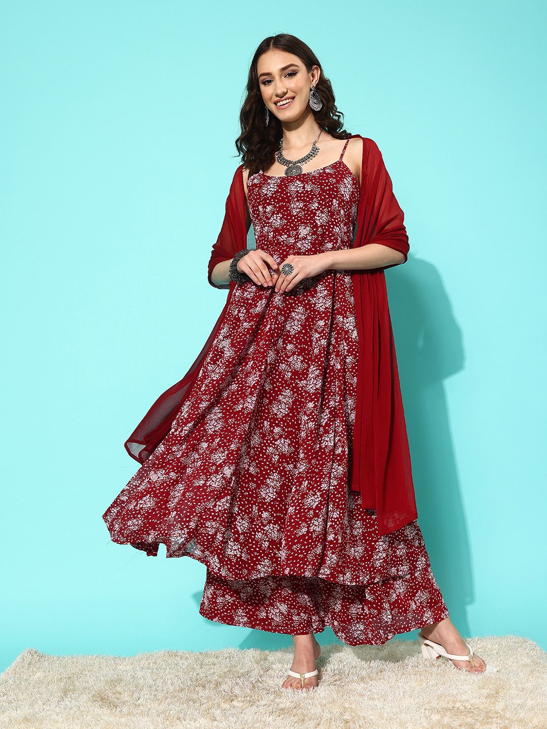 Indyancart VA Women'sFloral Printed Empire Silk Georgette Kurta with Palazzos & With Dupatta