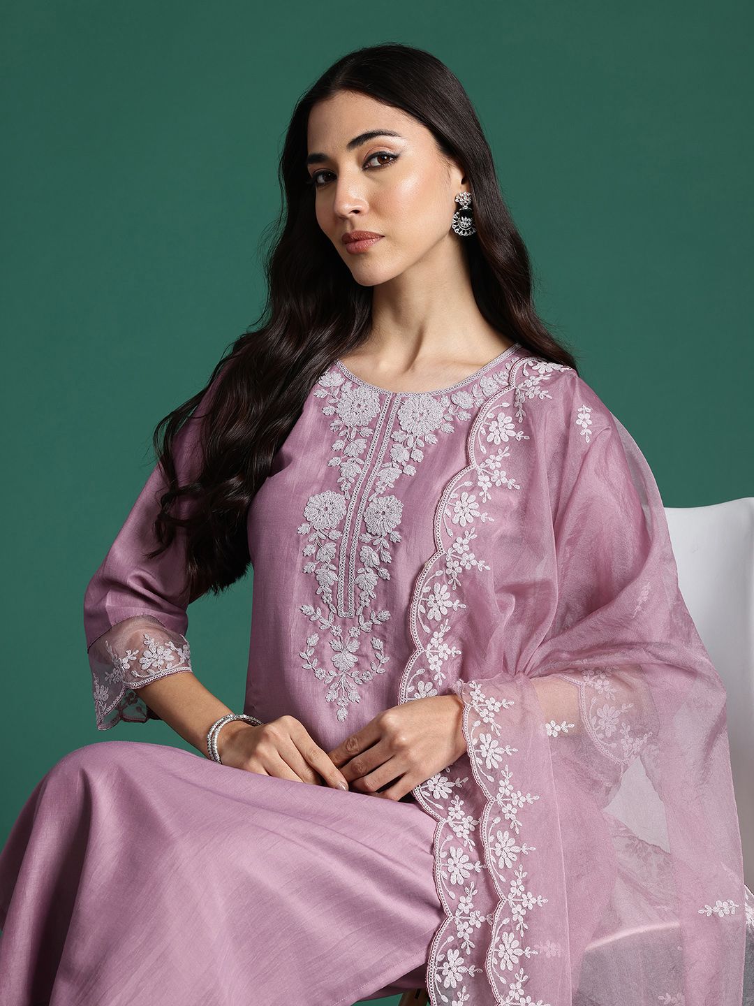 Indyancart IE Embroidered Zari Kurta with Trousers & With Dupatta