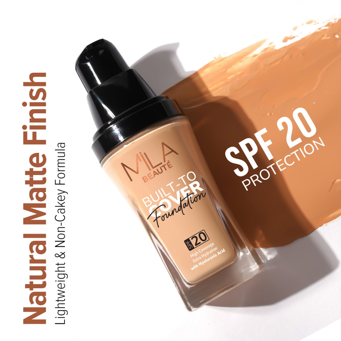 Mila Beauté Built To Cover Liquid Foundation With SPF 20 & Hyaluronic Acid - D02 Soft Tan
