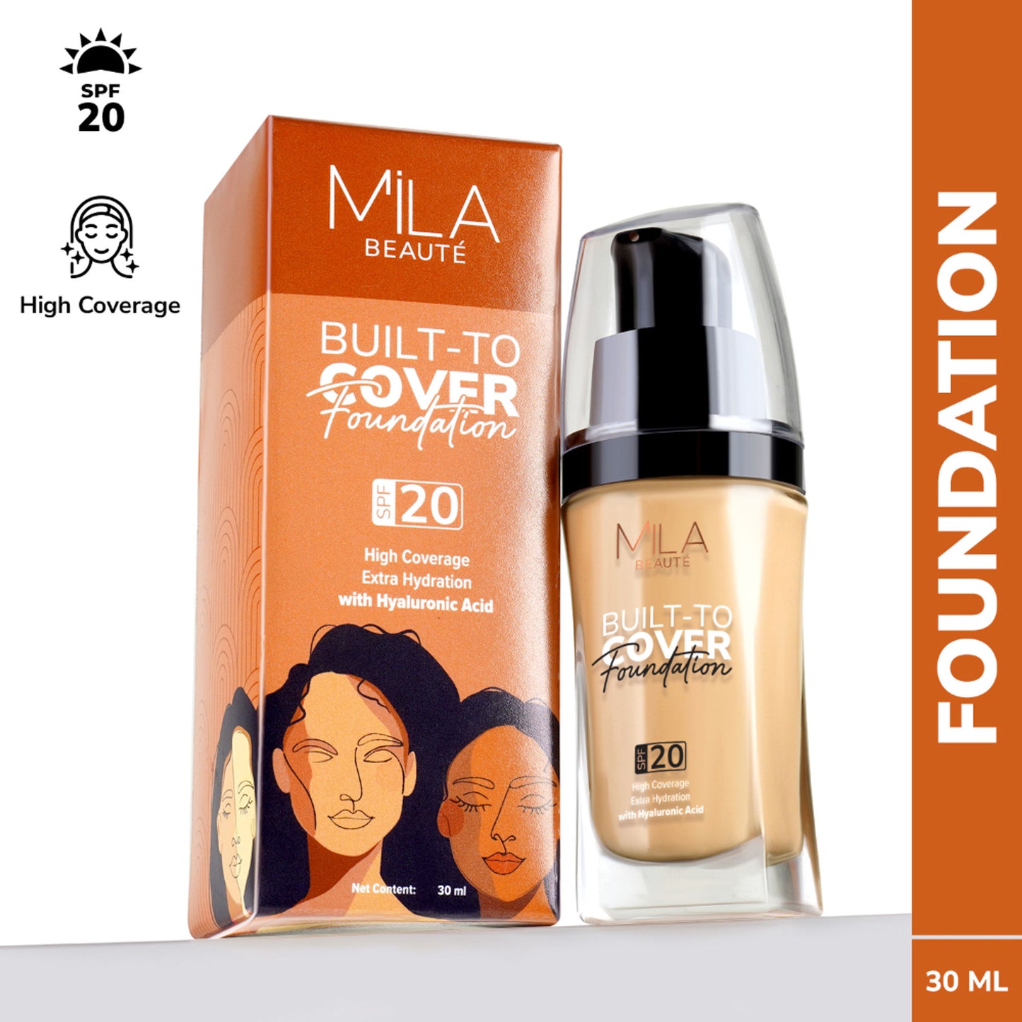 Mila Beauté Built To Cover Liquid Foundation With SPF 20 & Hyaluronic Acid - D03 Toffee