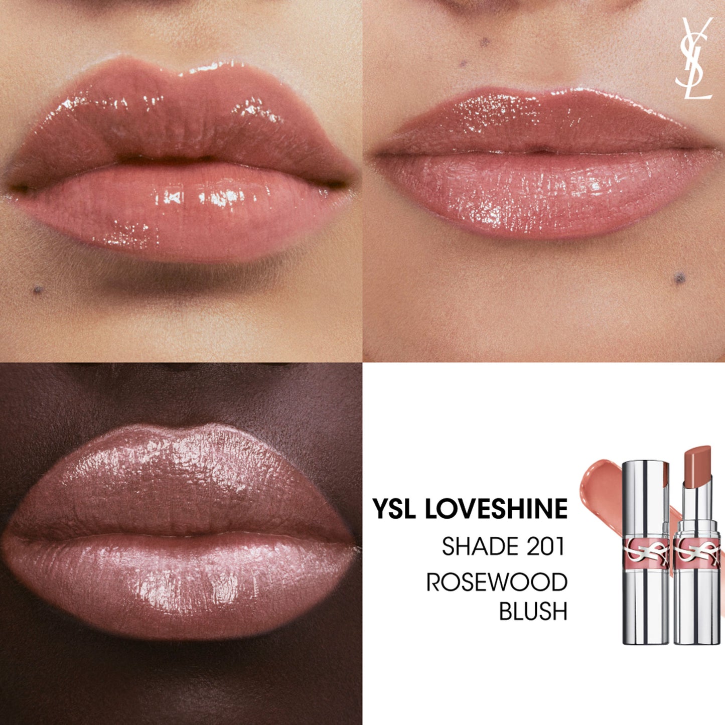 Yves Saint Laurent Loveshine High Shine Lipstick With 24H Hydration - 150 Nude Lingerie - 201 Rosewood Blush