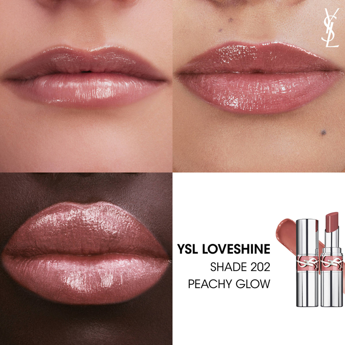 Yves Saint Laurent Loveshine high shine lipstick in Peachy Glow with 24-hour hydration, showcasing the lipstick and its glossy finish.