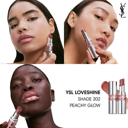 Yves Saint Laurent Loveshine high shine lipstick in Peachy Glow with 24-hour hydration, vibrant peachy color, and glossy finish.