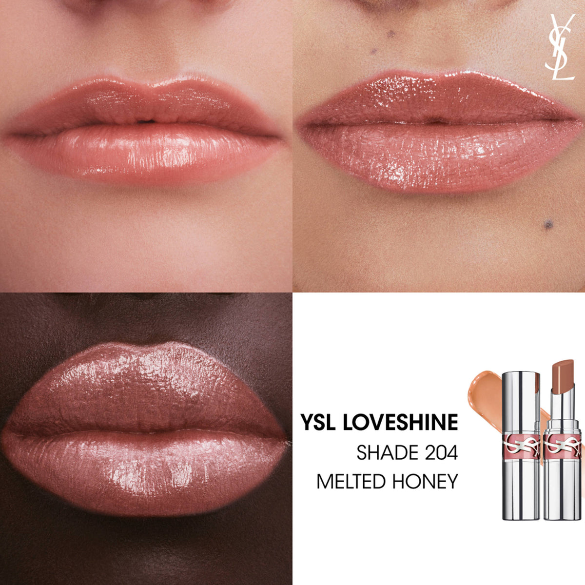 Yves Saint Laurent Loveshine high shine lipstick in shade 204 Melted Honey, with a glossy finish and 24-hour hydration.