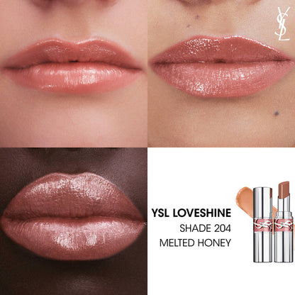 Yves Saint Laurent Loveshine high shine lipstick in shade 204 Melted Honey, with a glossy finish and 24-hour hydration.