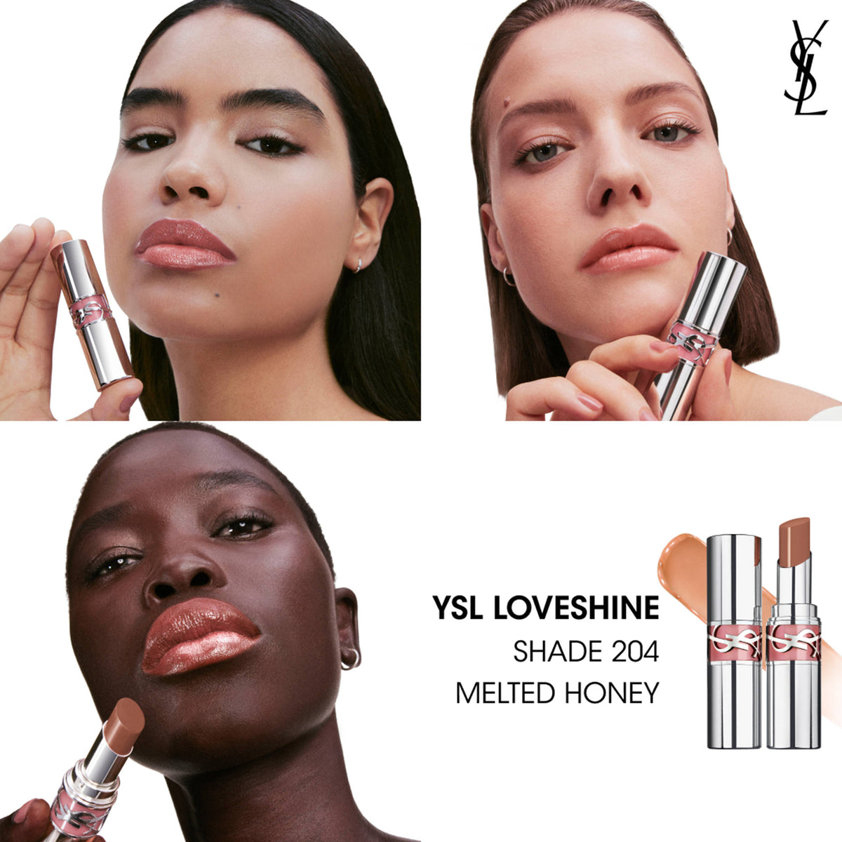 Yves Saint Laurent Loveshine high shine lipstick in shade 204 Melted Honey, showing a glossy, smooth lipstick bullet with reflective finish.