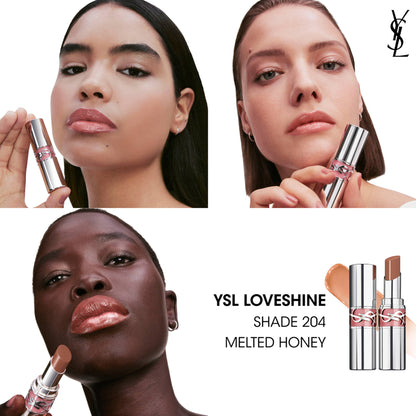 Yves Saint Laurent Loveshine high shine lipstick in shade 204 Melted Honey, showing a glossy, smooth lipstick bullet with reflective finish.