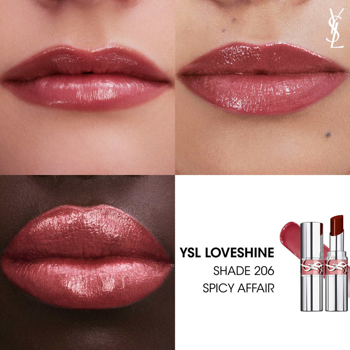 Yves Saint Laurent Loveshine high-shine lipstick in shade 206 Spicy Affair, showcasing glossy finish and sleek packaging.