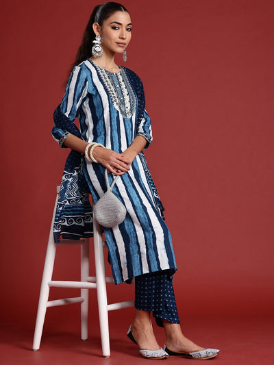 Dhiyona IE Striped Sequinned Kurta With Trousers & Dupatta