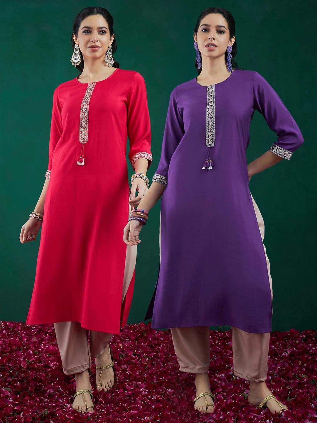 Indyancart IE Pack of 2 Round Neck Ethnic Embroidered Chanderi Silk Straight Kurta
