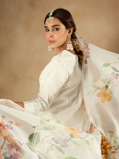 Dhiyona IE Women Floral Embroidered Regular Thread Work Kurta with Trousers & Dupatta