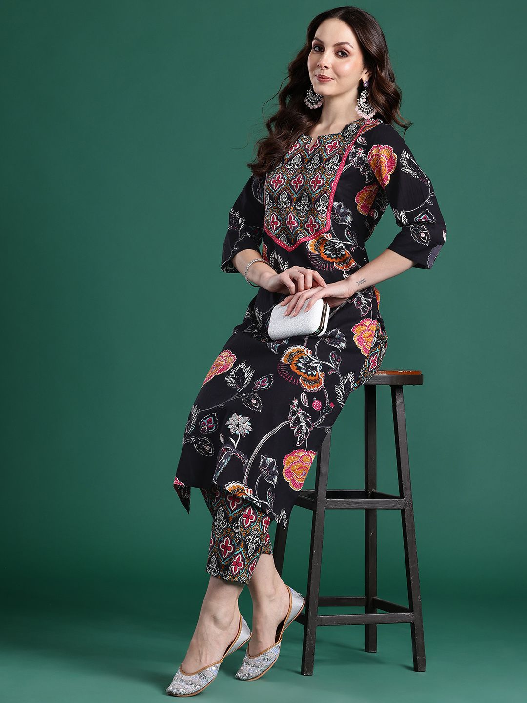 Floral Printed Pure Cotton Kurta with Trousers